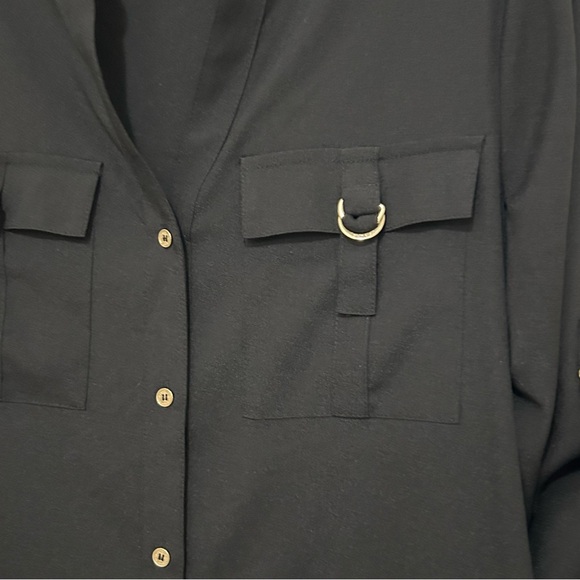 Calvin Klein Black Roll-Tab Sleeve Blouse Gold Hardware Utility Top Women's - Picture 5 of 6